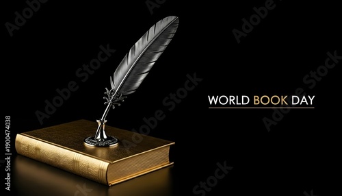Quill Pen on Old Leather Bound Book in Dramatic Black Background with Golden Accents for World Book Day Celebration