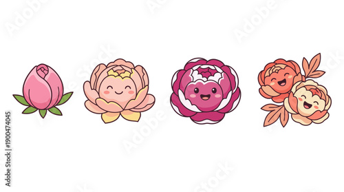 peony cute cartoon vector set , isolate on a white background. SVG and PNG