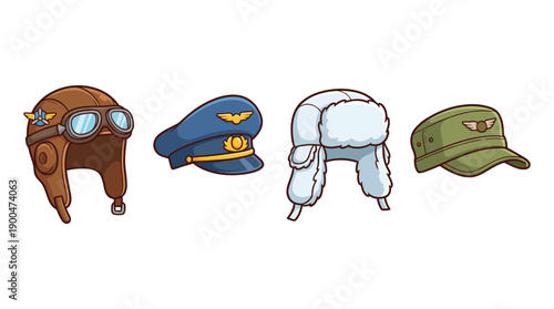 pilots cap cute cartoon vector set , isolate on a white background. SVG and PNG