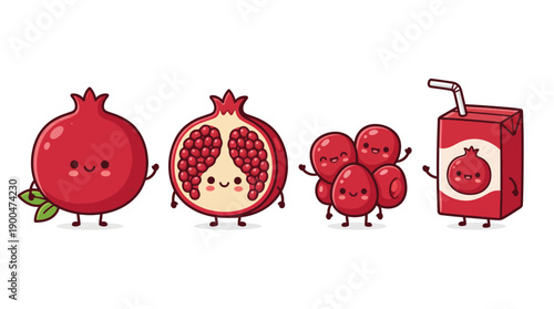 pomegranate cute cartoon vector set , isolate on a white background. SVG and PNG