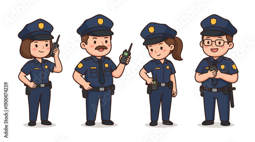 police officer with a radio cute cartoon vector set , isolate on a white background. SVG and PNG