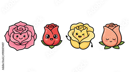 rose cute cartoon vector set , isolate on a white background. SVG and PNG