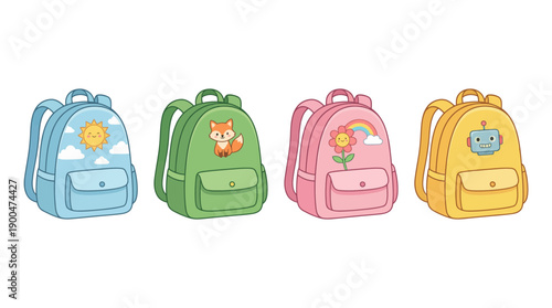 school backpack cute cartoon vector set , isolate on a white background. SVG and PNG