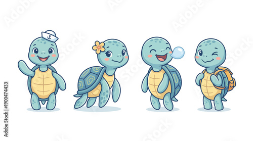 sea turtle cute cartoon vector set , isolate on a white background. SVG and PNG