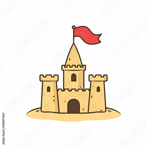 Sand Castle with Red Flag Beach Toy Vector Icon