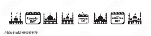 Set of islamic mosques and ramadan calendar icons for muslim holidays and culture