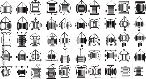 Collection of various cable spool icons in black and white on a white background