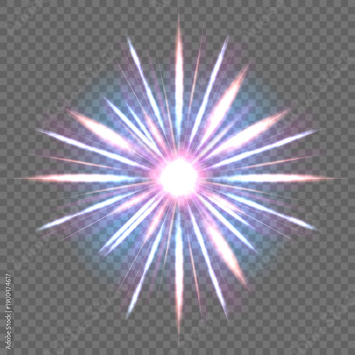 Abstract futuristic neon light explosion with glowing sparkles and rays, Vector lens flare sunburst design element for photo retouching