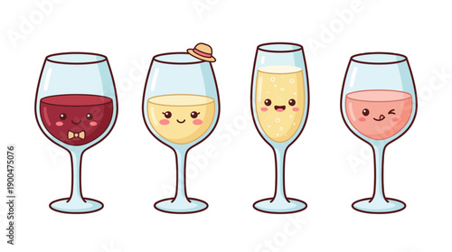 wine glass cute cartoon vector set , isolate on a white background. SVG and PNG