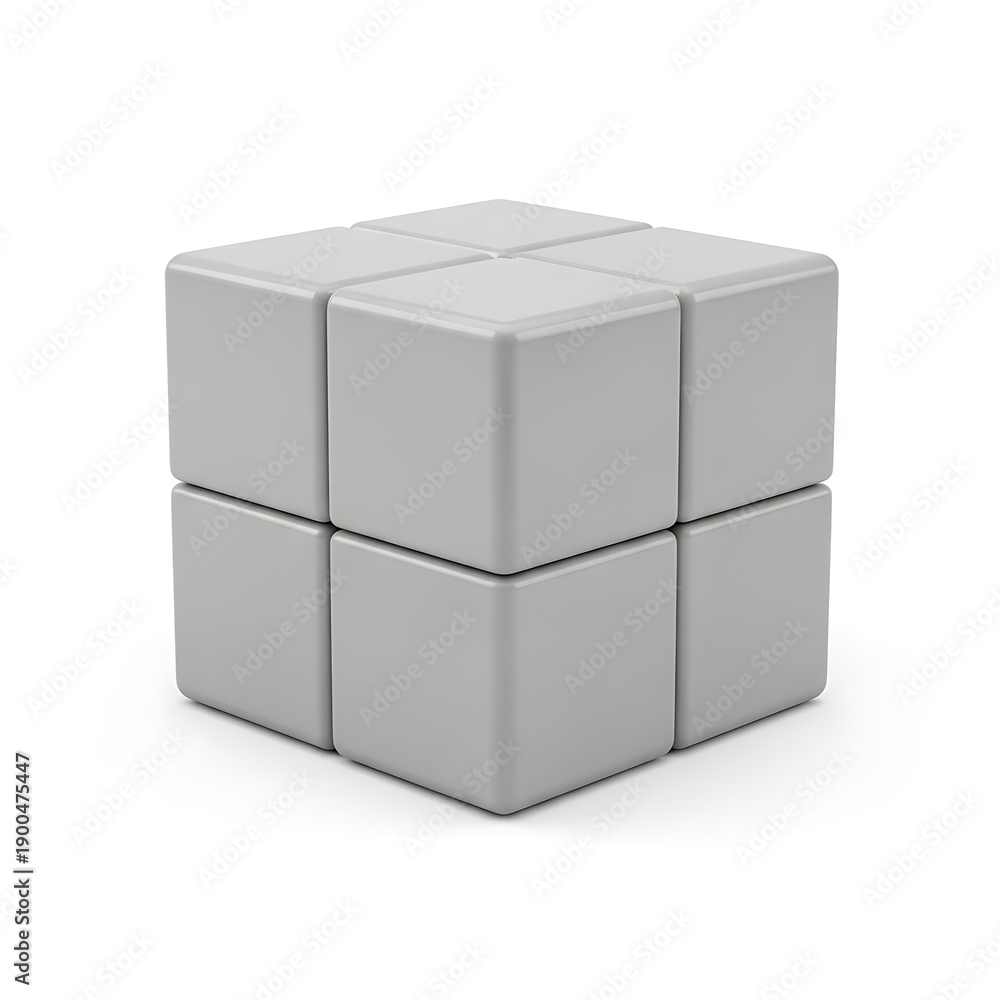 Fototapeta premium Symmetrical stack of six gray plastic cubes arranged on white surface
