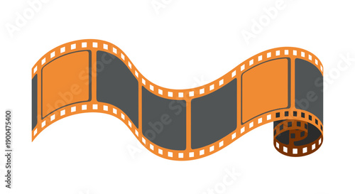 Curled film strip with orange and black segments isolated on a white background, creating a dynamic wave-like pattern