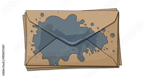 Wet envelope with dark stain isolated on white background, showcasing artistic illustration of water damage and texture