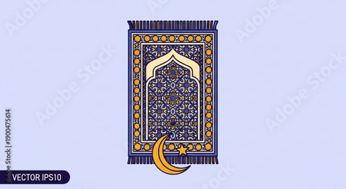 Islamic prayer rug with crescent moon and star design on light blue background