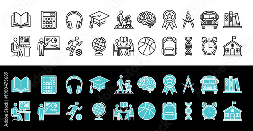 Education icons collection for school and learning materials in line and fill style