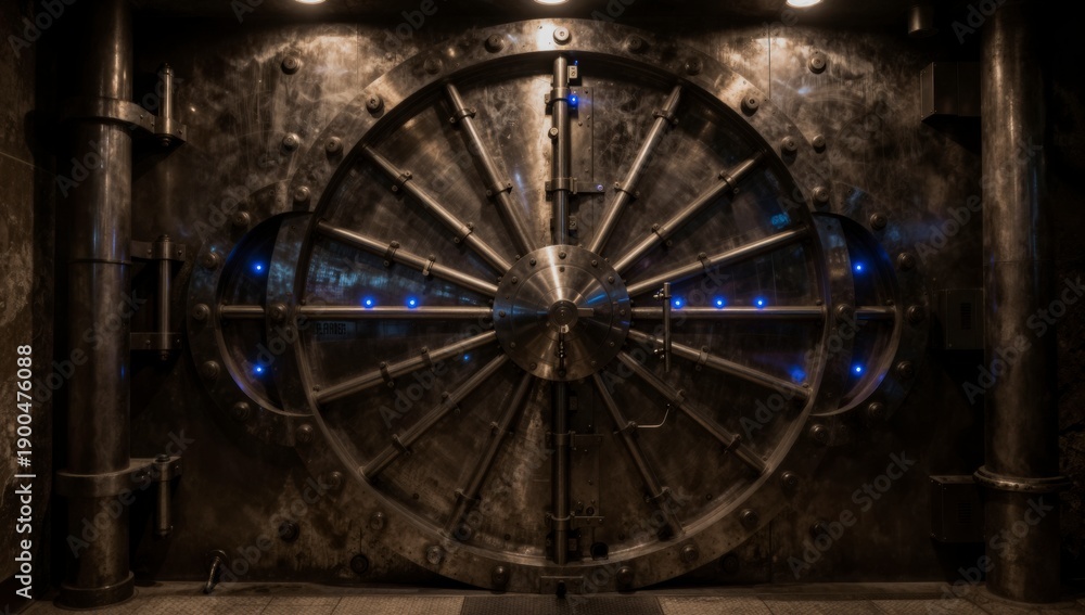 Obraz premium Close up of a large circular heavy steel vault door with spokes and blue illuminated accents