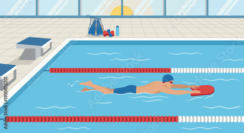 Swimmer Practicing at Pool
A flat vector illustration of a swimmer practicing alone in a pool. Kickboard and training equipment visible. Flat vector style, focused training environment.