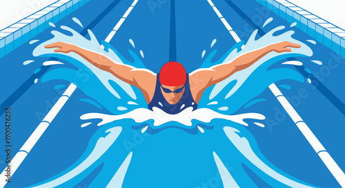  Swimmer Butterfly Stroke
A flat vector illustration of a swimmer performing butterfly stroke. Strong symmetrical motion, water waves emphasized. Flat vector style, powerful and dynamic.