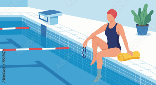 Swimmer Resting at Poolside
A flat vector illustration of a swimmer resting at poolside, holding goggles or towel. Flat vector style, recovery and relaxation theme.
