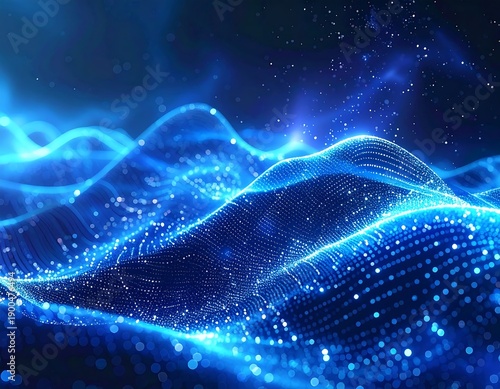 A digital blue waveform with glowing lines and dots on a dark background