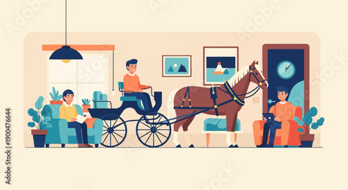 People relax in a room with a horse-drawn carriage and indoor plants