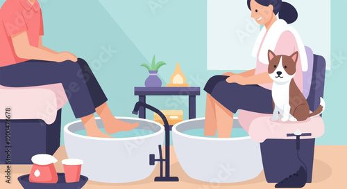 People relax in foot baths with a dog observing the scene