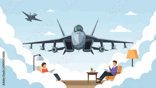 People relax in clouds as jets fly overhead