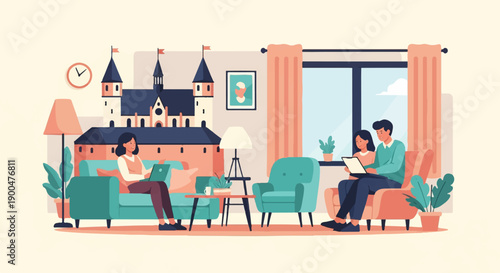 People relax indoors with devices and a castle view