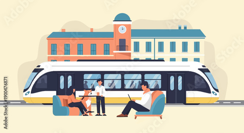 People relax near a train station with a modern train