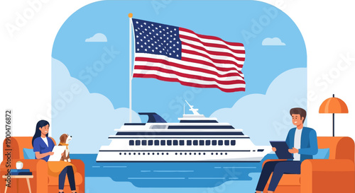 People relax near a yacht under a large American flag on a bright day