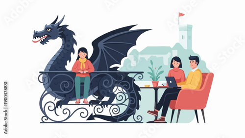 People relax near a dragon sculpture and a castle, some working on laptops
