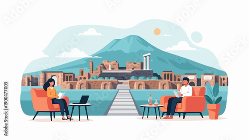 People relaxing amidst ancient ruins with a volcano backdrop