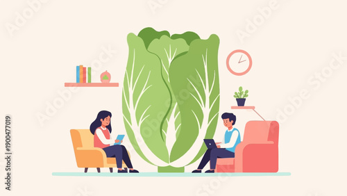 People relax with technology near a giant green vegetable