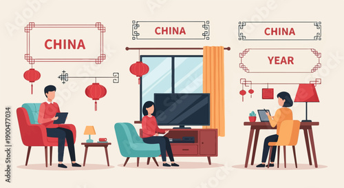 People relaxing and working at home, decorated with Chinese cultural elements and lanterns
