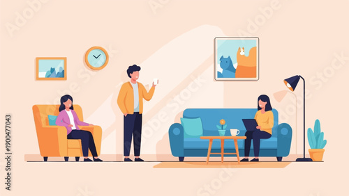 People relaxing and working in a modern living room