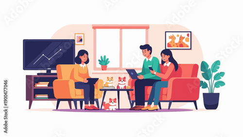 People relaxing and working in a cozy room with dogs