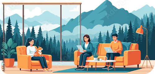 People relaxing and working indoors with a scenic mountain forest view