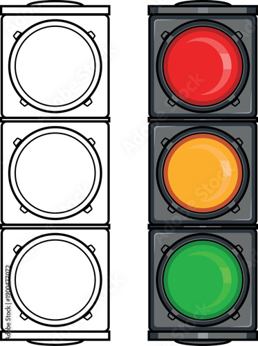 Set of two traffic light signals. Black and white line art and colorful flat cartoon style with glass reflection. Red, yellow, and green stoplight for road transportation safety, driving rule, or city