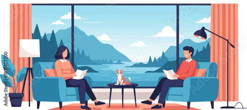 People relaxing indoors by a window with a scenic mountain and lake view