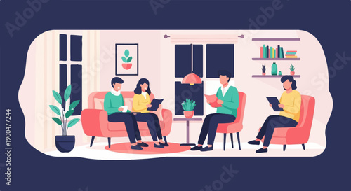 People relaxing indoors reading books, plants and shelves are visible