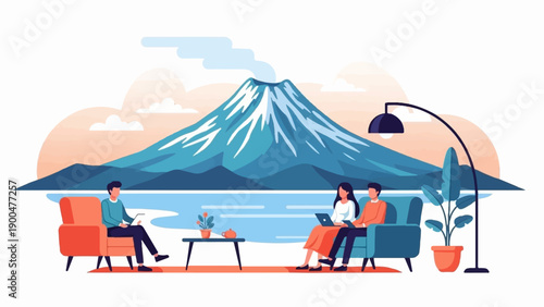 People relaxing indoors with a beautiful mountain lake view