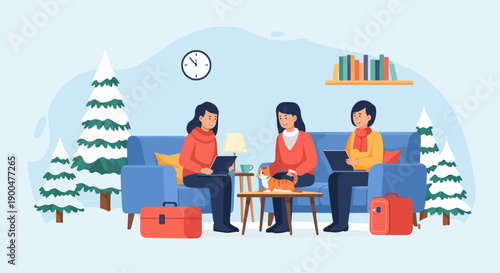 People relaxing indoors with a cat and winter trees outside