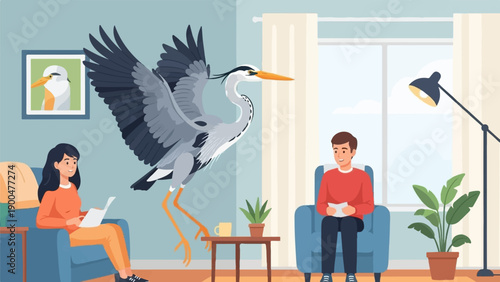 People relaxing indoors with a large bird flying inside near a framed picture