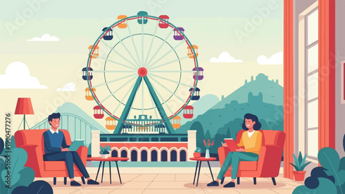 People relaxing indoors with a Ferris wheel and park view in background