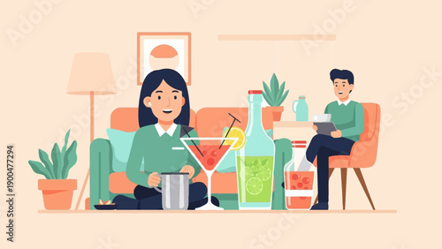 People relaxing indoors with drinks and tablets