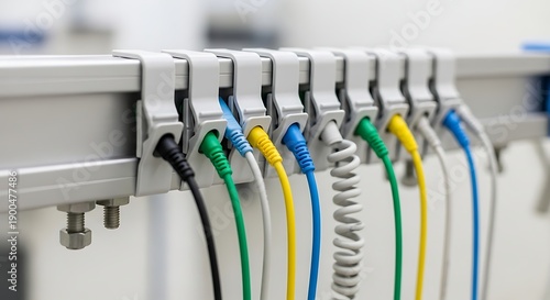 Close-up view of cables connected to a metal rail in an industrial setting