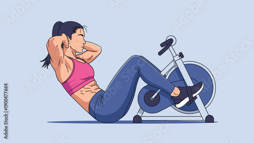 Strong woman in pink sports bra and blue leggings doing abdominal crunches while using stationary exercise bike at gym.
