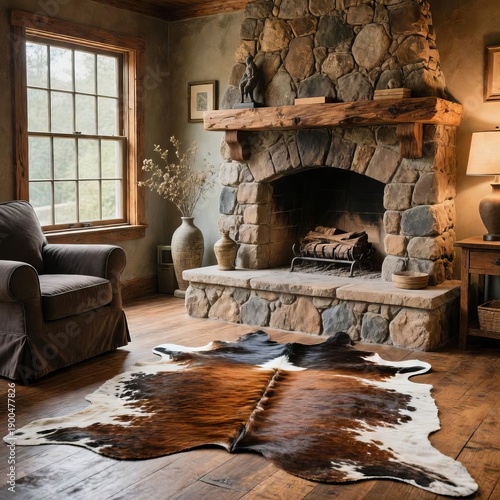Key Features Cowhide rug large stone fireplace