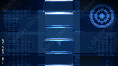 Abstract blue tech interface with stacked modules and circular targeting display