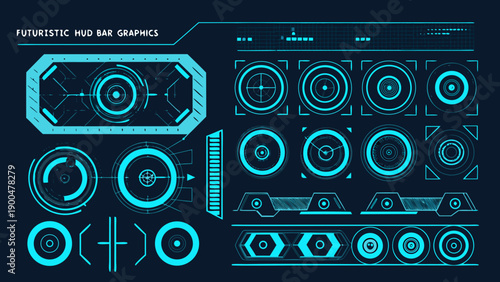 Futuristic hud elements and interface graphics in bright cyan tones