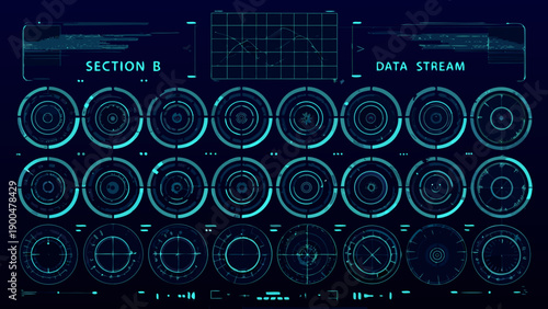 Futuristic interface display with targeting reticles and data visualization